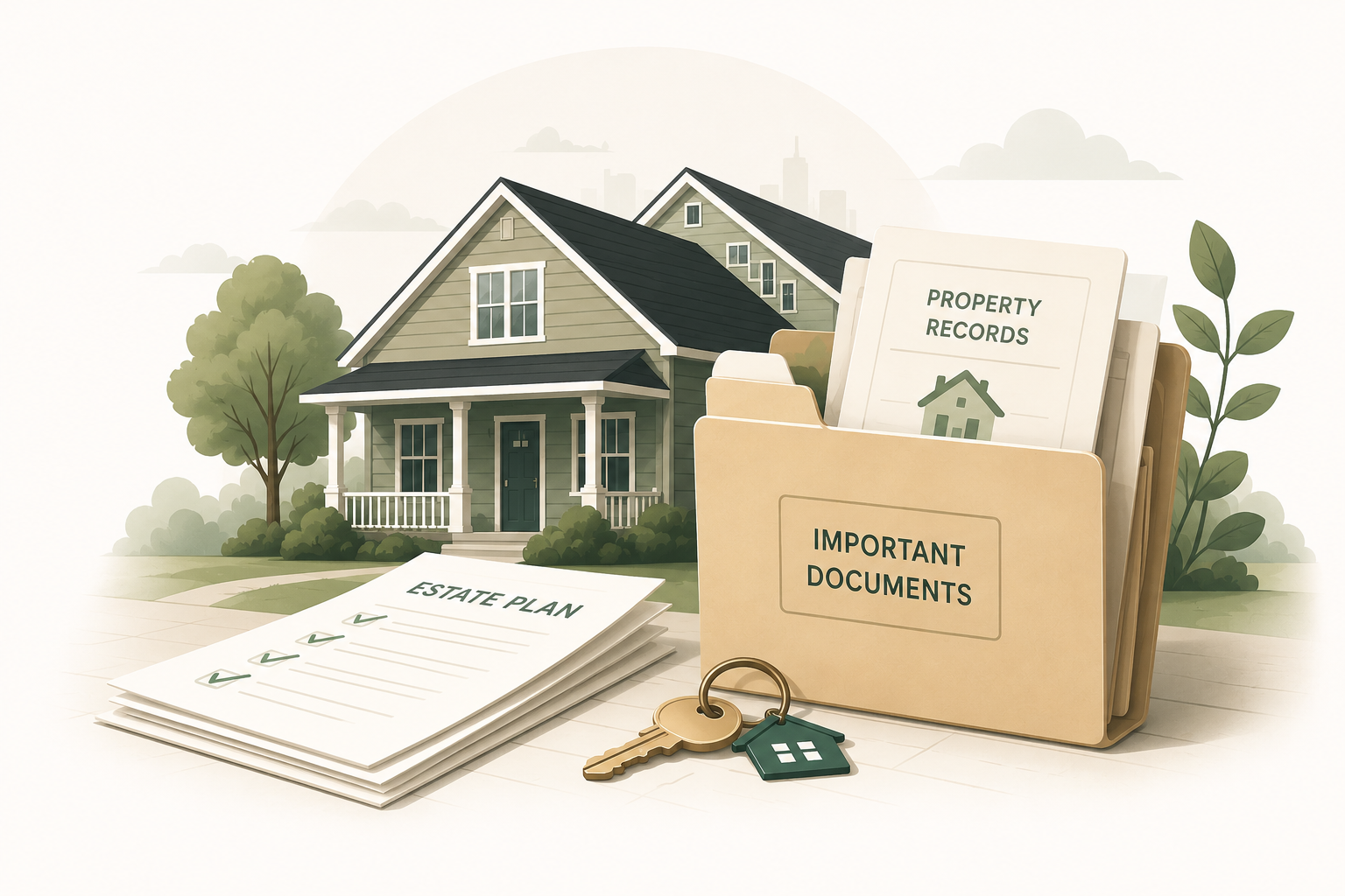 Estate plan documents, house keys, and property records in front of a home.